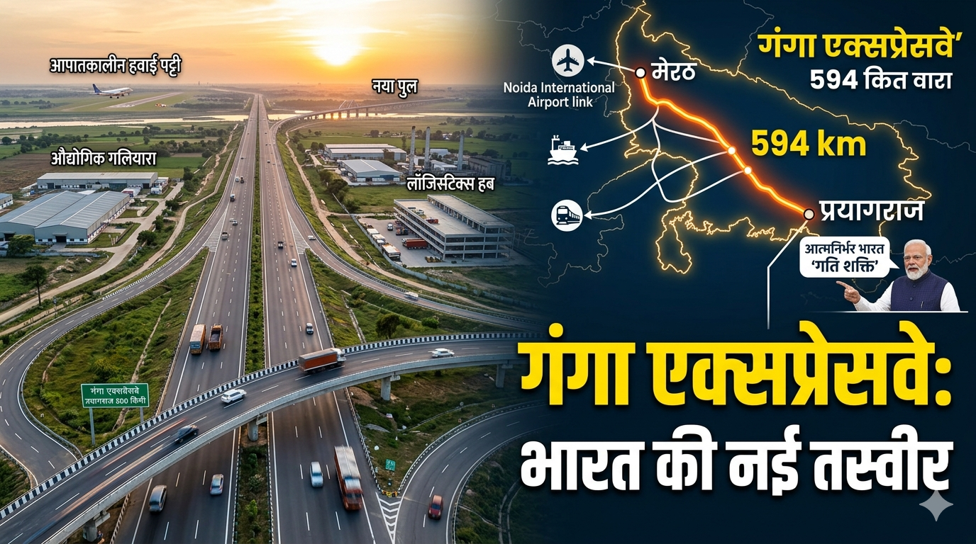 दुनिया में आज भारत 1.46 लाख किलोमीटर लंबे हाईवेज रखते हुए दुनिया का दूसरा सबसे बड़ा देश बना जहां पर इतना बड़ा रोड इंफ्रास्ट्रक्चर है। तेजी से बढ़ती हुई भारतीय अर्थव्यवस्था में जहां रोड अभी लगभग 4% जीडीपी में कंट्रीब्यूट करते हैं। लेकिन अर्थव्यवस्था में अगर चलते पहहिए इन सड़कों पर चलकर गंतव्य स्थानों पर तेज गति से पहुंचने लगे तो यह तय है कि आने वाले समय में विकास को भी नई ऊंचाइयां मिलेंगी। आज के सेशन में हम गंगा एक्सप्रेसवे का जिक्र तो करेंगे ही करेंगे। साथ में हम एक्सप्रेसवेज़, हाईवेज इन बीच के अंतर को समझेंगे। देश के प्रमुख एक्सप्रेसवे समझेंगे और 594 कि.मी. लंबा यह एक्सप्रेसवे रिकॉर्ड टाइम में बनकर तैयार हुआ है। क्योंकि यूपी के अंदर इलेक्शन है आने वाले समय में तो लोग इसे इलेक्शन से जोड़कर देख रहे हैं। लेकिन निश्चित ही इतने सारे एक्सप्रेसवेज का उद्घाटन आए दिन जो देश में हो रहा है क्योंकि बनने के बाद के उद्घाटन है। शिलान्यास नहीं है। उद्घाटन है कि बन गया और उसका साथ में काम चल रहा है। तो कुछ ऐसी तस्वीरें निकल कर के आई। गंगा एक्सप्रेसवे की कुछ तस्वीरें आपके सामने देखकर के समझ में आता है कि यह बहुत ही फास्ट 120 कि.मी. प्रति घंटे की रफ्तार से व्हीकल्स को जाने के लिए रास्ता मुहैया कराने का प्रयास इसके अंदर किया गया है। सड़कों के हालात और स्थितियों को देखकर आप अंदाजा लगा सकते हैं कि यह बहुत ही मजबूती से रोड जमीन से उठा के बनाई गई हैं। रोड पर कोई भी और इधर से ट्रांजिट होकर ना आ जाए उसका खास ख्याल रखा गया है। एक्सप्रेस हाईवे पर यह भी तय किया गया है कि यह जो सीमेंटेड आप जो जगह देख रहे हैं, यह असल मायने में अगर कभी फाइटर जेट को उतरना हो, तो उसके लिए विकसित की गई जगह हैं जिन्हें आप सड़कों पर देख रहे हैं। गंगा एक्सप्रेसवे मेरठ से शुरू होकर प्रयागराज तक जाएगा। हापुड़, बुलंदशहर, बुदा बुदायूं, हरदोई, उन्नाव, रायबरेली, प्रतापगढ़ होते हुए प्रयागराज तक यह पहुंचेगा। प्रधानमंत्री ने यह भी कहा कि इसी एक्सप्रेसवे से हरिद्वार को भी जोड़ा जाएगा। पहले तक प्रयागराज जाने का जो रास्ता था वो वाया कानपुर 684 कि.मी. मेरठ से पड़ता था। लेकिन अब 594 कि.मी. पड़ेगा। ऐसा यहां पर सूचनाओं के थ्रू माध्यम से बताया गया। प्रधानमंत्री ने यहां पर एक पौधारोपण भी किया। साथ ही साथ योगी आदित्यनाथ के साथ उस जगह का मुआयना किया। सड़क को समझा। सड़कों पर सड़क पर पैदल चलकर इस पूरी जगह का मुआयना किया। सड़कों के विकास के साथ-साथ यह भी सुनिश्चित किया कि ये हाई स्पीड सड़कें हैं बल्कि नए नए सपनों का गेटवे हैं। राजनीतिक बयानबाजी में कहा कि यूपी में कभी माफियाओं पर फिल्में बनती थी। आज यूपी की कानून व्यवस्था का देश भर में उदाहरण दिया जाता है। कुल मिलाकर के इस तरह का उद्घाटन और साथ में बयानबाजियों का काम बनता रहा। खैर, अब हम आते हैं मुद्दे के ऊपर कि सब सड़कें होती कितनी प्रकार की हैं? तो देखिए जहां गांव की सड़कें बनी है तो ग्रामीण सड़कें होती हैं। शहर में बनी तो शहरी सड़कें होती हैं। लेकिन आप गांव को शहर से कनेक्ट करती हुई सड़कें जो देखते हैं पहले प्रधानमंत्री ग्राम सड़क योजना के तहत उन्हें बनाया जाता था। उन्हें अब ग्रामीण सड़कों में कंसीडर किया जाता है। अगर शहर दो बड़े हैं उन्हें आपस में कनेक्ट करने वाले हाईवे। राज्य ने बनाए हैं तो राज्य हाईवे और अगर केंद्र सरकार ने एनएसयूआई द्वारा बनाए तो राष्ट्रीय हाईवे कहलाते हैं। राष्ट्रीय हाईवे हो या स्टेट हाईवे इन पर कोई भी व्यक्ति कहीं से भी एंट्री कर सकता है। या फिर कहिए कि ये चूंकि जमीन से उठकर नहीं बनाए जाते। सड़कों की रोड से मतलब जमीन से सीधी कनेक्टिविटी होती है तो आप रोड के किनारे उतर के भी खड़े हो लेते हैं। खेत तक भी घूम आते हैं। अगर आपका किनारे कहीं घर है तो आप उसका भी एक्सेस पा ही जाते हैं। बस इन्हीं चीजों को ध्यान में रखते हुए जो फिलहाल हाईवे बनाए जाने शुरू हुए इन्हें जमीन से ऊपर उठाकर बनाना शुरू किया गया ताकि कोई भी व्यक्ति सड़क से जमीन तक ना जाए और जमीन से कोई व्हीकल लेकर सड़क पर ना आए। इसके दो फायदे हैं। एक तो कोई भी वाहन जो द्रुत गति से चल रहा है वो किसी अकस्मात हुए एंट्री से चाहे वह व्हीकल की है चाहे पशु की है उससे बचता है। तेजी गति की गाड़ी की बनी रहती है और परिवहन सुरक्षित रहता है। इसी प्रकार से एक्सप्रेसवे का कांसेप्ट निकला। तो नेशनल हाईवे जो शहरों को जोड़ने का काम कर रहे थे उन्हें अगर निर्बाद रूप से चलने वाला बना दिया जाए तो उन्हें एक्सप्रेस हाईवे कहा जाता है। और अगर इतना सुनिश्चित कर दिया जाए कि कुछ भी हो जाए कोई इसमें एंट्री नहीं करेगा। जहां एक्सप्रेस हाईवे को थोड़ा उठकर बनाया गया। फ्री वे बिल्कुल समझ लो हवा में बना दिया गया या फिर इतना सुरक्षित बना दिया गया कि आप ये टेंशन ही नहीं कर सकते कि कोई बाहर से आ सकता है तो वो फ्री वे होता है। तो कुल मिलाकर के हाईवेज में नेशनल हाईवे, एक्सप्रेसवे और फ्री वे तीन प्रकार के कांसेप्ट होते हैं। हाईवेज शहरों की कनेक्टिविटी के फोर लेन, सिक्स लेन लेन हाईवेज होते हैं। लेकिन इनकी रोड पे कहीं से भी कनेक्टिविटी संभव हो पाती है। वहीं पर एक्सप्रेस हाईवेज की जब बात की जाती है तो यह कनेक्टिविटी के वो हाईवेज हैं जिनमें सुनिश्चित की हुई जगह से ही लोग एंट्री कर सकते हैं। रोड साइड सरकार या फिर निर्माता जो भी कंपनी है वह तय करती है कि कहां पर उतरने की जगह दी जाएगी। कहां पर रेस्ट एरिया दिया जाएगा। कहां पर पेट्रोल पंप होगा। जैसे अभी गंगा एक्सप्रेसवे जो बना है इस पर हर 75 कि.मी. पर पेट्रोल पंप की व्यवस्था दी गई है। जो कोको मॉडल पर है। यानी कि कंपनी ऑन है। कंपनी ही ऑपरेट करेगी उसे। तो बीपीसीएल के पेट्रोल पंप्स हैं उनको यहां पर जगह दे दी गई है। ऐसे ही पांच जाते समय और चार आते समय रेस्ट एरिया दिए गए हैं। उन रेस्ट एरियाज की जगह पहले से डिफाइंड है। वहां पर जो ब्रांड्स काम करेंगे उनको अपनी होटल ऑपरेट करने का, रेस्टोरेंट ऑपरेट करने का जो भी जगह वहां पर मतलब यात्री के लिए सुरक्षा की या आराम की व्यवस्था के लिए जरूरी है उनको बनाने की जगह दी गई है। तो इस प्रकार से ये सुनिश्चित होकर बनता है। ऐसा नहीं कि रोड साइड पूरे रास्ते आपने होटल और ढाबे बनते हुए देख लिए। ऐसा इन जगहों पर नहीं होता। जहां तक बात हो फ्री वे की तो यहां पर पूरी तरह से यह सुनिश्चित किया जाता है कि गति को तो कोई नुकसान होगा ही नहीं। लेकिन फ्यूचर में भी अगर आप चाहो कि मैं रोड पर चढ़ जाऊं आप नहीं चढ़ पाओगे। वो दैट इज़ फ्री वे टाइप का फीचर जो भारत में अभी नहीं है। एक तरह से एक्सप्रेसवे का जो नेक्स्ट लेवल है वो फ्री वे है। एक्सप्रेसवे पर गति भारत के अंदर फिलहाल 120 कि.मी. प्रति घंटा बहुत से हाईवेज पर रख दी गई है। एक्सप्रेस हाईवेज पर रख दी गई है। फ्री वे में इसकी गति सीमा और बढ़ा दी जाती है जिसमें सीमाएं एक्सटेंड की जा सकती हैं। तो ये कुछ सड़कें हैं। जहां तक बात हो गंगा एक्सप्रेस हाईवे की ये 594 कि.मी. लंबा एक्सप्रेस हाईवे है जो मेरठ को प्रयागराज से जोड़ेगा। 120 कि.मी. प्रति घंटे की रफ्तार से गाड़ियां यहां भी चलेंगी। उद्देश्य है कि इससे ट्रेड और इन्वेस्टमेंट बढ़ेगा। यहां पर मेरठ से हापुड़, बुलंदशहर, अमरोहा, संभल, बदायूं, शाजापुर, हरदोई, उन्नाव होते हुए प्रयागराज तक पहुंचने का लक्ष्य रखा गया है। इसकी कुल लागत ₹36,320 करोड़ आई और इसको अब यहां से यहां तक ट्रैवल करने में 6 घंटे का समय लगेगा। अलग-अलग जिलों में से होकर गुजरेगा। उनके कुछ स्टैट्स आपके सामने रख दिए गए हैं। यहां पर जो एयर स्ट्रिप भी बनाई गई है वो इस तरह की कि रात को भी अगर फाइटर जेट उतरे तो उन्हें वो रोड पर चमक के साथ जगह दिखाई देती रहे। अब उत्तर प्रदेश में चार जगह एयर स्ट्रिप्स हो चुकी हैं। गंगा एक्सप्रेसवे पर, यमुना एक्सप्रेसवे पर, लखनऊ आगरा एक्सप्रेसवे पर और पूर्वांचल एक्सप्रेसवे पर। ये इसलिए क्योंकि युद्ध के समय पर दुश्मन द्वारा कई बार जो एयरबेस हैं उनको निशाना बना दिया जाता है। तो एयरबसेस को बचाते हुए एक्सप्रेस हाईवेज पर लैंडिंग सुनिश्चित हो सके उसके लिए रोड पर ही एक्सप्रेस हाईवेज पर ही फाइटर जेट्स के उतर उतरने की व्यवस्था की जाती है। अब थोड़ा सा इतिहास बतिया लेते हैं। यमुना एक्सप्रेसवे जो ये सॉरी गंगा एक्सप्रेसवे जो है इसका थॉट सबसे पहले मायावती जी के दिमाग में आया था। वर्ष 2007 में और उनके द्वारा इसकी आधारशिला भी रख दी गई थी। लेकिन पर्यावरणीय कारणों के चलते 2007 में इस कार्यक्रम को एनवायरमेंटल क्लीयरेंसेस नहीं मिले थे। उत्तर प्रदेश सरकार के द्वारा बकायदा उस समय उत्तर प्रदेश एक्सप्रेसवे औद्योगिक विकास प्राधिकरण का भी गठन किया गया था और जिस जेपी को इस काम के लिए लाया गया था जिसने यमुना एक्सप्रेसवे बनाया था उस जेपी ने अपना ₹1000 करोड़ का जो इन्वेस्टमेंट शुरुआत में करने का डिसीजन लिया था वो वापस भी ले लिया था कि साहब अब नहीं हो पाएगा क्योंकि एनवायरमेंटल क्लीयरेंसेस में काम अटक गया। हाई कोर्ट के द्वारा इस काम को रोक दिया गया था। 2009 की ये खबर है और जेपी ग्रुप के द्वारा यहां से जो अपना प्रोजेक्ट से पैसा निकालने की बात थी वो भी निकल कर बाहर आ गई थी। यह काम 2009 के अंदर अटक चुका था। 2019 में फिर से इसकी चर्चाएं होना शुरू हुई कि यूपी का लॉन्गेस्ट एक्सप्रेसवे बनाया जाएगा। गंगा नदी के किनारे चर्चाएं होना शुरू हुई। 2021 के अंदर यूपी की कैबिनेट ने 36,000 करोड़ के अंदर गंगा एक्सप्रेसवे प्रोजेक्ट का फिर से प्रयास शुरू किया। इस बार बकायदा क्लीयरेंसेस एनवायरमेंटल क्लीयरेंसेस ले लिए गए। यह काम पूरी तरह करने के बाद 12 साल बाद फिर से इसको रीइग्नाइट किया गया। प्रधानमंत्री के द्वारा इस कार्यक्रम का उद्घाटन जो है फिर कर दिया गया। इसका मतलब उद्घाटन मतलब फाउंडेशन स्ट्रांग गंगा एक्सप्रेसवे का 18 दिसंबर के दिन 2021 में रखा गया। 2021 से आज 2026 में आप हैं तो लगभग 5 साल जो है इस पूरे काम के अंदर निकल चुके हैं। इसको बना करके 21, 22, 23, 24, 25, 26 इन सबके अपने-अपने कुछ-कुछ अपडेट्स रहे। सबसे बड़ा अपडेट था क्योंकि ये ग्रीन फील्ड हाईवे है। मतलब ये नया बनाया गया हाईवे है। एक ब्राउन फील्ड होता है जो पहले से बनी हुई सड़कों को चौड़ा करके फिर उनको रीडिफाइन और रीडाइन किया जाता है। लेकिन यह ग्रीन फील्ड है। मतलब जमीन किसानों से लेकर उस पर हाईवे निकाला गया। तो ऐसे में 7453 हेक्टेयर जमीन 12 जिलों के अंदर 83000 किसानों से खरीदी गई जिसके बदले मुआवजे में 9500 करोड़ दिए गए। इसके बाद 44% 40% कंस्ट्रक्शन धीरे से 2023 में पूरा हुआ। 24 में कंस्ट्रक्शन हुआ और फाइनली जाकर के अब यह बनकर आपके सामने आया है। जिसकी कुल लागत ₹37,350 करोड़ बताई जा रही है। इसको बनाने के लिए चार अलग-अलग पार्ट में इसका निर्माण किया गया। जो फर्स्ट पार्ट इसका बना उसे छोड़कर के सेकंड और थर्ड जो फेजेस हैं वो अडानी ग्रुप के द्वारा बनाया गया। मतलब कि चार भागों में से जो पहला भाग है वो आइडियल रोड बिल्डर्स इंफ्रास्ट्रक्चर ने बनाया जो मेरठ से बदायूं का है। और उसके बाद का जो 75% हिस्सा है बदायूं से हरदोई, हरदोई से उन्नाव, उन्नाव से प्रयागराज ये तीनों के तीनों हिस्से अडानी के द्वारा पूरे किए गए हैं। इसके मतलब प्रमोशन के अंदर अभी अडानी ने खुद ने भी प्रमोशन इसका डाल रखा है प्रॉपर तरीके से। अडानी ऑलरेडी 17 रोड प्रोजेक्ट लेकर चल रहा है। 5300 कि.मी. से ज्यादा वो रोड कंस्ट्रक्शन का काम फिलहाल के लिए कर रहा है। इन 594 कि.मी. पूरे गंगा एक्सप्रेसवे पर नौ पब्लिक कन्वीनियंस सेंटर जिसमें से पांच जाते समय चार आते समय जिसमें फूड प्लाज़ा, कैफेट एरिया, आराम करने की जगह, होटल ये सब बनाने की जगह छोड़ी गई हैं। बीपीसीएल को पेट्रोल पंप ऑपरेट करने की जगह दी गई है। कुछ इस प्रकार से रेस्ट एरियाज बनाए गए हैं। यहां लोग तेज गति से जब निकल रहे हैं तो यात्री विश्राम कर सकते हैं और अपने लिए जो भी उनको रिफ्रेशमेंट चाहिए वो यहां पर मिल सकते हैं। ठीक है साहब। साथ ही साथ यहां पर एक्सप्रेसवे पर वॉर टाइम रनवे स्ट्रेटेजिक लोकेशन डिजास्टर मैनेजमेंट का भी प्रॉपर ध्यान रखा गया है। जहां तक बात हो टोल टैक्स की तो काफी महंगा टोल यहां पर दिख रहा है। 1 कि.मी. की यात्रा के लिए लगभग ₹2.5 आपको कार जीप से खर्च करने पड़ेंगे। वहीं अगर पूरी यात्रा 594 कि.मी. की करनी है तो ₹1515 का आपको पेमेंट करना होगा। ₹37,000 करोड़ की जो लागत है शायद वो इसी प्रकार के टोल से वसूली जाएगी जो आपके सामने दिख रहा है। सामान्यतया 1 कि.मी. पर 1.5 से ₹45 के आसपास टोल वसूला जाता है। लेकिन यहां ₹2.5 के आसपास टोल वसूली हो रही है। ये टोल वसूली ₹37,000 करोड़ की वसूली है। अब वो कितने सालों में पूरी होती है, यह देखना होगा। मतलब ये जो 37,000 करोड़ आज आपको जाते हुए दिख रहे हैं। अडानी ने बनाए हैं। सरकार ने अपना क्रेडिट खा लिया। टेक्निकली आप और हम इसके सही मायने में उपभुगतान्ता हैं। लेकिन एक बार में वो पैसा लगा के काम शुरू कर दिए और हम अब उसका पेमेंट आने वाले समय में करते रहेंगे। खैर आने वाले समय में कुछ और भी काम होंगे। इस सड़क के बन जाने से मेरठ, अमरोहा, बुलंदशहर इन सभी जगहों पर कुछ-कुछ चीजों को गति मिलेगी। जिस तरह से इन शहरों का विकास हो रहा है, उसमें हापुड़ के अंदर लॉजिस्टिक क्लस्टर बनके बन सकेगा। बुलंदशहर के अंदर लोग जो हैं वो अब मतलब आने वाले समय में गाजियाबाद के क्षेत्र में बहुत तेजी से पहुंच सकेंगे। अमरोहा के गन्नों के गन्ने गन्ने के जो पैदावार है उसको नई पहचान मिल सकेगी। संभल के जो मंदिर हैं उन तक लोगों की रीच बहुत तेजी से बनेगी। बदायूं के अंदर तहसीलों का शहरीकरण हो सकेगा। शाहजापुर के अंदर जो गन्ना मिल है उनका प्रोडक्ट अब तेजी से सेंटर दिल्ली तक पहुंच सकेगा क्योंकि मेरठ दिल्ली के बीच में ज्यादा दूरी का समय नहीं है। ज्यादा दूरी नहीं है। हरदोई जो कि कनेक्टिविटी का पॉइंट बन रहा है वहां से लखनऊ के लिए तो वहां पर अब इंडस्ट्रियल कॉरिडोर विकसित हो रहा है। तो यहां पर बड़ी मात्रा में इंडस्ट्रीज उन्नाव, हरदोई, लखनऊ के नजदीक, कानपुर के नजदीक बन रही हैं। तो अपने आप में एक बहुत ज्यादा गति यहां पर मिलेगी। ठीक है? अब उत्तर प्रदेश की अगर बात की जाए तो एक्सप्रेसवेज़ यहां पर गंगा एक्सप्रेसवे है। पूर्वांचल एक्सप्रेसवे है। आगरा लखनऊ एक्सप्रेसवे है। बुलंदशहर, गोरखपुर, यमुना, लघु ये तमाम एक्सप्रेसवेज़ फिलहाल उत्तर प्रदेश के अंदर बनते चले जा रहे हैं और कुछ ऑलरेडी निर्माणाधीन है जिनका कार्य आने वाले समय में धीरे-धीरे पूरा हो जाएगा। ये रहा उत्तर प्रदेश का सार। जहां तक बात हो भारत की तो भारत में प दिसंबर 2025 का स्टैट्स है कि 146,560 कि.मी. के हाईवेज़ बन चुके हैं जो दुनिया में सेकंड लार्जेस्ट नंबर कहलाते हैं। भारत के अंदर ये जो बन रहे हाईवेज हैं इनको बनाने के लिए पहले जो परियोजना चली थी वो भारतमाला परियोजना थी जो 2017 में शुरू हुई। 2022 में इसे पूर्ण कर दिया गया था। लक्ष्य रख के माना गया था कि हम सड़कें और लॉजिस्टिक्स डेवलप करेंगे। 2021 में फिर प्रधानमंत्री के द्वारा पीएम गतिशक्ति प्लान का अनाउंसमेंट किया गया जिसमें सेवन मेजर पिलर्स को ध्यान में रखते हुए डेवलपमेंट हुआ जिसमें यह तय किया गया कि केवल सड़कें ही नहीं इसके अलावा भी अह पोर्ट्स का डेवलपमेंट है। रेल कॉरिडोर का निर्माण है। कार्गो के लिए कार्गो स्टेशंस हैं। इन सबको डेवलप किया जाएगा। क्योंकि देश को अगर विकसित अर्थव्यवस्था बनना है तो फिर हमें बहुत तेजी से इंफ्रास्ट्रक्चर पर काम करना होगा और उस प्लान को 2021 के अंदर पीएम गतिशक्ति प्लान बना करके अनाउंस किया गया था। ठीक है साहब। आज देश के अंदर अगर मेजर ऑपरेशनल एक्सप्रेसवेज हाई की हाईवेज की बात की जाए तो इनके कुछ फेहरिस्त लिस्ट में मैंने यहां लगाकर आपके सामने शो की है जो आप देख सकते हैं। हालांकि इसको बार-बार मैं शब्दों में बयान करके भी लिखा हुआ रिपीट ही करूंगा। तो इसलिए बस मैं आपको दिखा रहा हूं कि एक नंबर ऑफ लिस्ट तैयार हो चुकी है हमारे देश के अंदर एक्सप्रेस हाईवेज की। पीएम गतिशक्ति के अंदर सात मेजर चीजें ध्यान रखी गई थी। रोड, एयरपोर्ट, मास ट्रांसपोर्टेशन, लॉजिस्टिक इंफ्रास्ट्रक्चर, रेलवेेज इन सभी को ध्यान में रखते हुए इंफ्रास्ट्रक्चर का निर्माण किया गया था। ठीक है? तो उम्मीद करता हूं कि आपको आने वाले समय में देश की इस गति में हाईवेज का उपयोग करने को मिलेगा। आप भी अपने प्रोडक्ट्स को नियरेस्ट क्षेत्रों से लेकर के अपने मेन सेंट्रल हब्स, कैपिटल्स, राजधानी इन सब तक लेकर पहुंच सकेंगे और देश की गति में योगदान देंगे। फिलहाल के लिए इतना ही। अपना ख्याल रखें। चैनल पर नए हैं तो सब्सक्राइब कर लें और हां कमेंट बॉक्स में मैंने आपके सामने एक पैनल डिस्कशन डाला है जो कि उत्तर प्रदेश इलेक्शन पर है और बंगाल के इलेक्शन पर है। आप उसे अवश्य देखें और अपनी प्रतिक्रिया दें। धन्यवाद। Please write SEO OPTIMIZATION POST likhiye for Google with suitable title and Meta description and do not use emoji and write on flat page and like as originally post written by human